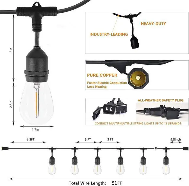 Alt view image 2 of 6 - Outdoor String Lights for Outside 48FT with 15+1 2700K LED S14 Shatterproof Bulbs for Patio Back Yard Porch, Linkable