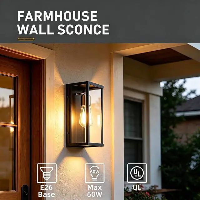 Alt view image 3 of 7 - AKEZON Outdoor Wall Light Fixture, Matte Black & Brass Exterior Wall Light with Glass Shades, Anti-Rust Porch Lighting Sconce E26 Hardwired Modern Wall Lantern for Garage Patio Front Door