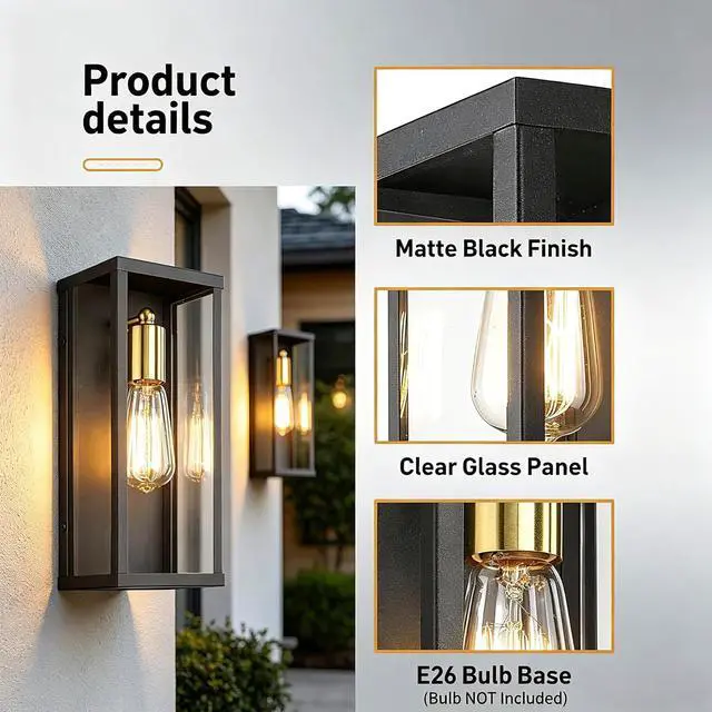Alt view image 5 of 7 - AKEZON Outdoor Wall Light Fixture, Matte Black & Brass Exterior Wall Light with Glass Shades, Anti-Rust Porch Lighting Sconce E26 Hardwired Modern Wall Lantern for Garage Patio Front Door