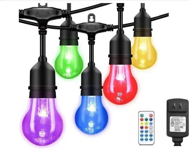 Main image of Auroraworld 48FT RGB Outdoor String Lights, Dimmable Color Changing Waterproof LED Patio Lights with Remote & E26 Shatterproof Edison Bulbs for Bistro Backyard Garden Party Decor