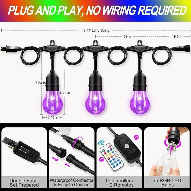 Alt view image 6 of 7 - Auroraworld 48FT RGB Outdoor String Lights, Dimmable Color Changing Waterproof LED Patio Lights with Remote & E26 Shatterproof Edison Bulbs for Bistro Backyard Garden Party Decor