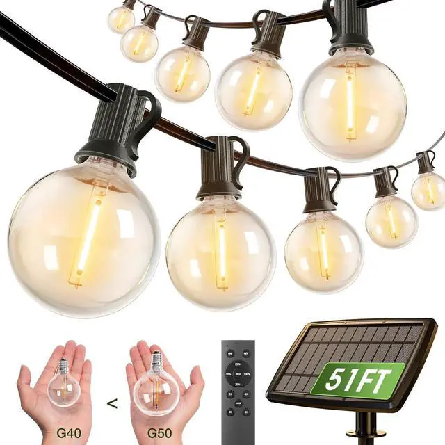 Main image of addlon 50FT Solar String Lights for Outside G50 Waterproof with USB Port Solar Patio Lights Outdoor Solar Powered LED Bulbs 3 Light Modes for Backyard Porch Garden Market Bistro Camping