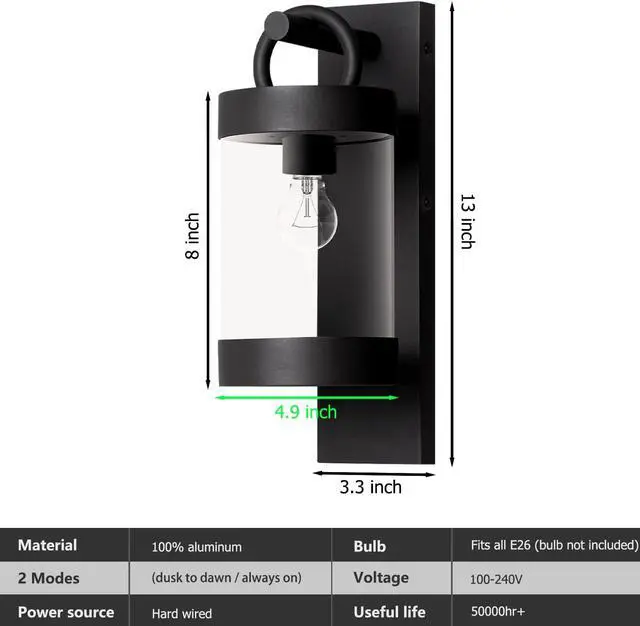 Alt view image 6 of 7 - Outdoor Dusk to Dawn Wall Lights Modern Exterior Wall Mount Lantern Fixture Aluminum E26 Lamps Waterproof Porch Light for Patio Garage Front Door Garden Yard (Bulbs Not Included), Black