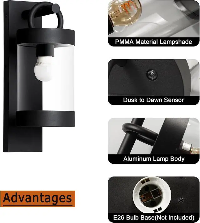 Alt view image 7 of 7 - Outdoor Dusk to Dawn Wall Lights Modern Exterior Wall Mount Lantern Fixture Aluminum E26 Lamps Waterproof Porch Light for Patio Garage Front Door Garden Yard (Bulbs Not Included), Black