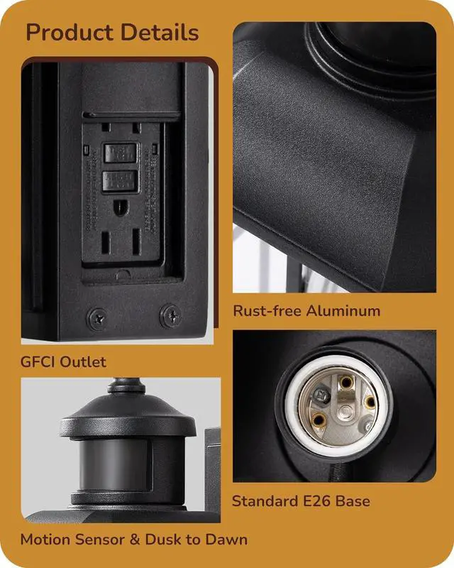 Alt view image 6 of 7 - EDISHINE Outdoor Wall Lights with GFCI Outlet, Motion Sensor Porch Light for House, Dusk to Dawn Exterior Lighting Fixtures, Waterproof Outdoor Wall Sconce for Patio Garage, Black