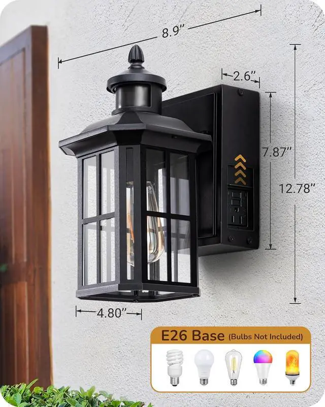 Alt view image 7 of 7 - EDISHINE Outdoor Wall Lights with GFCI Outlet, Motion Sensor Porch Light for House, Dusk to Dawn Exterior Lighting Fixtures, Waterproof Outdoor Wall Sconce for Patio Garage, Black