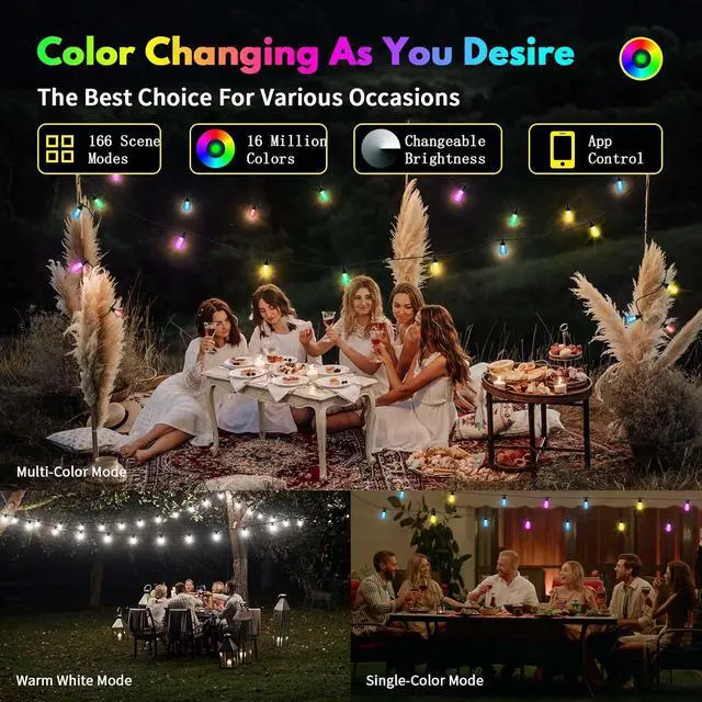 Alt view image 3 of 7 - 50ft Outdoor String Lights Color Changing - Patio Lights Outdoor Waterproof with 20 Dimmable RGBW Bulbs, Shatterproof, Music Mode, Connectable, Remote & App Control for Halloween, Christmas