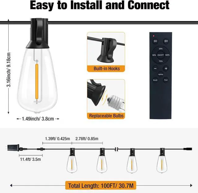 Alt view image 5 of 7 - btfarm 100FT LED Outdoor String Lights Waterproof with Remote, Patio Lights with 32+2 ST38 Edison Bulbs, Hanging Light for Outside with Timer for Backyard Party Yard Gazebo Porch, 2700K Dimmable
