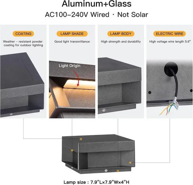 Alt view image 2 of 7 - MVBT Outdoor Post Lights Hard Wired, 7.9" AC100-240V Column Lights, Waterproof Modern Pillar Light, 3000K Fence Post Cap Light, Deck LED Lamp Landscape Lighting for Patio Garden Yard Gate Posts