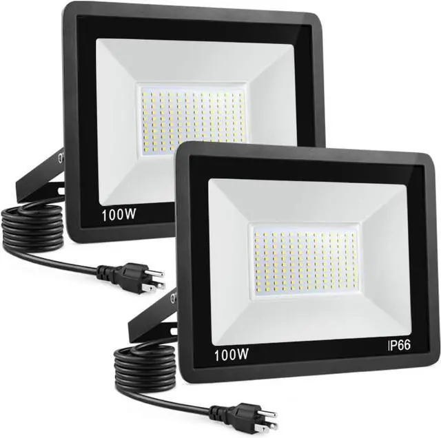 Main image of 100W LED Flood Light Outdoor, 2Pack 10000LM Super Bright, IP66 Waterproof Outside Work Lights, 6500K Daylight White Security Lights, Plug in Flood Light for Yard Garage Garden Patio
