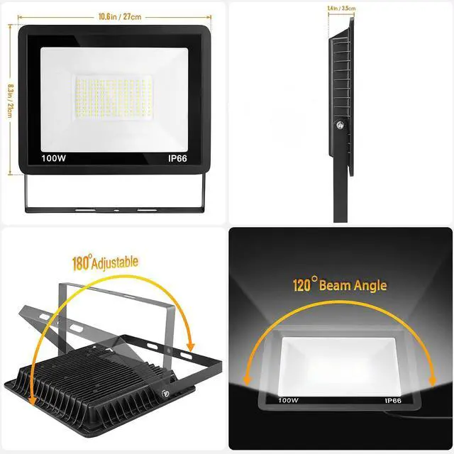 Alt view image 4 of 6 - 100W LED Flood Light Outdoor, 2Pack 10000LM Super Bright, IP66 Waterproof Outside Work Lights, 6500K Daylight White Security Lights, Plug in Flood Light for Yard Garage Garden Patio