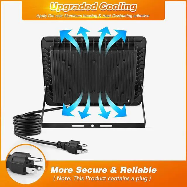 Alt view image 5 of 6 - 100W LED Flood Light Outdoor, 2Pack 10000LM Super Bright, IP66 Waterproof Outside Work Lights, 6500K Daylight White Security Lights, Plug in Flood Light for Yard Garage Garden Patio