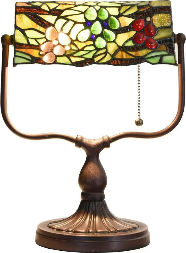 Main image of Bieye L10764 Grape Tiffany Style Stained Glass Banker Desk Lamp for Reading Working, 14-inches Tall