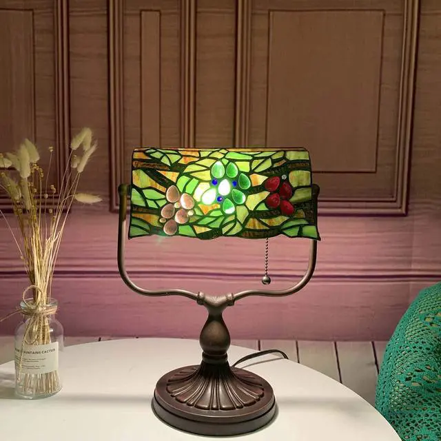 Alt view image 5 of 7 - Bieye L10764 Grape Tiffany Style Stained Glass Banker Desk Lamp for Reading Working, 14-inches Tall