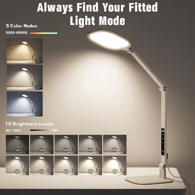 Alt view image 4 of 6 - LitONES LED Desk Lamp for Home Office, 15W Desk Light with CRI >95, Memory & Timer Function, 1200LM Dimmable Computer Light for Video Calls, Conference, Reading, Study (White)