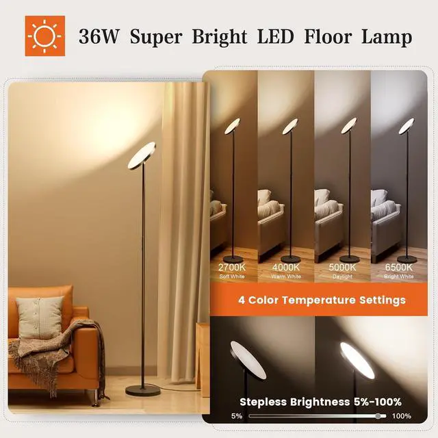 Alt view image 2 of 7 - OHLUX Floor Lamps for Living Room, Bright LED Standing Lamp with Remote, Modern Color Changing Tall Lamp with Stepless Dimming, 69" Corner Floor Lamp for Bedroom, Office, Black