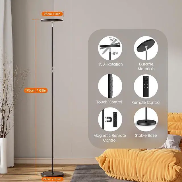 Alt view image 7 of 7 - OHLUX Floor Lamps for Living Room, Bright LED Standing Lamp with Remote, Modern Color Changing Tall Lamp with Stepless Dimming, 69" Corner Floor Lamp for Bedroom, Office, Black