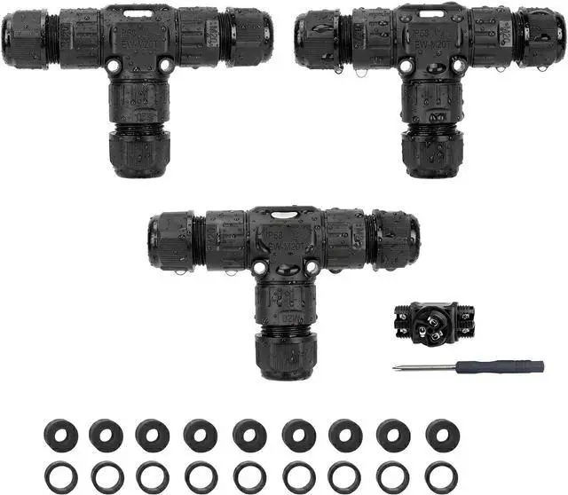 Main image of IP68 Waterproof Cable Connector 3-Pin 3 Way Junction Box | Outdoor Electrical Wire Splice, For Garden Lights, Solar & LED Strip Lighting, Fits Ø 5-12 mm Cable, TUV Listed, Pack of 3
