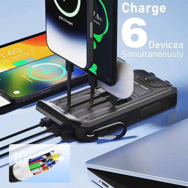 Alt view image 5 of 7 - Solar Charger Power Bank 20,000mAh, Portable Charger, 4 Cables 3 Ports Fast Charging External Battery Pack with USB C for Cell Phones, Solar Panel Charger with Dual Flashlight for Camping Black