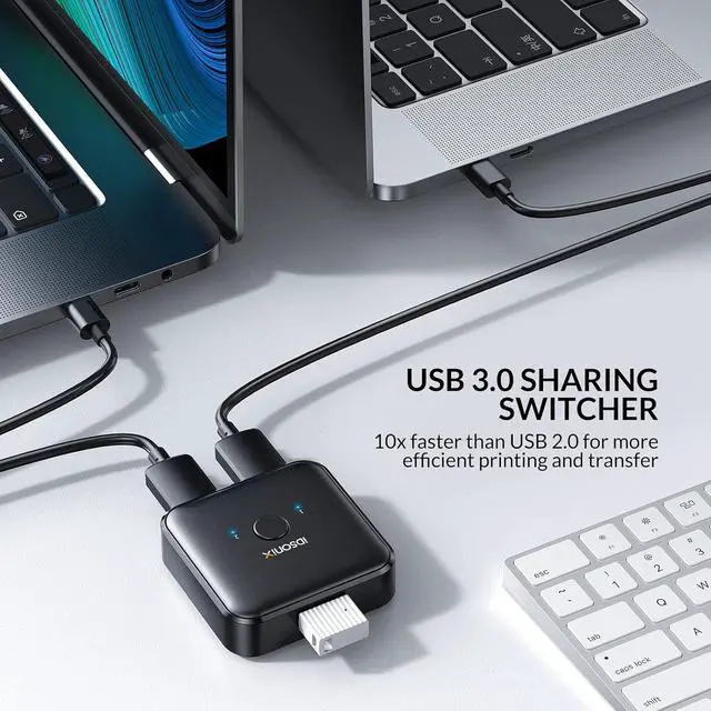 Alt view image 2 of 7 - IDsonix USB 3.0 Switch 2 Computers Share 1 Device,1 in 2 Out Or 2 in 1 Out Bi-Directional for Printers/Keyboards/Mice, 5Gbps Plug and Play Switcher, 2pcs A to A 3.3ft Cables,Plastic,Black