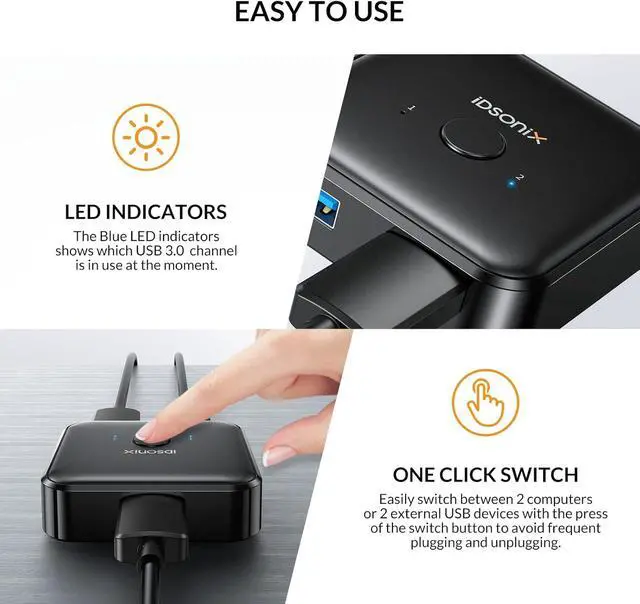 Alt view image 5 of 7 - IDsonix USB 3.0 Switch 2 Computers Share 1 Device,1 in 2 Out Or 2 in 1 Out Bi-Directional for Printers/Keyboards/Mice, 5Gbps Plug and Play Switcher, 2pcs A to A 3.3ft Cables,Plastic,Black