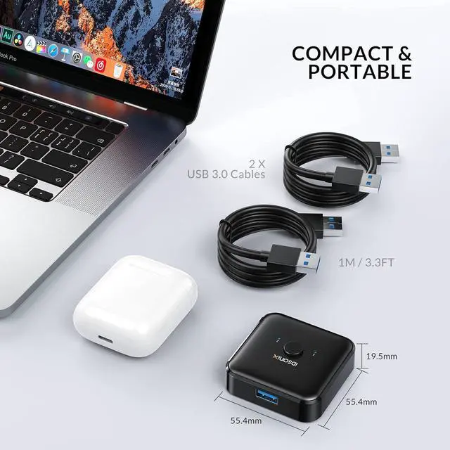Alt view image 7 of 7 - IDsonix USB 3.0 Switch 2 Computers Share 1 Device,1 in 2 Out Or 2 in 1 Out Bi-Directional for Printers/Keyboards/Mice, 5Gbps Plug and Play Switcher, 2pcs A to A 3.3ft Cables,Plastic,Black