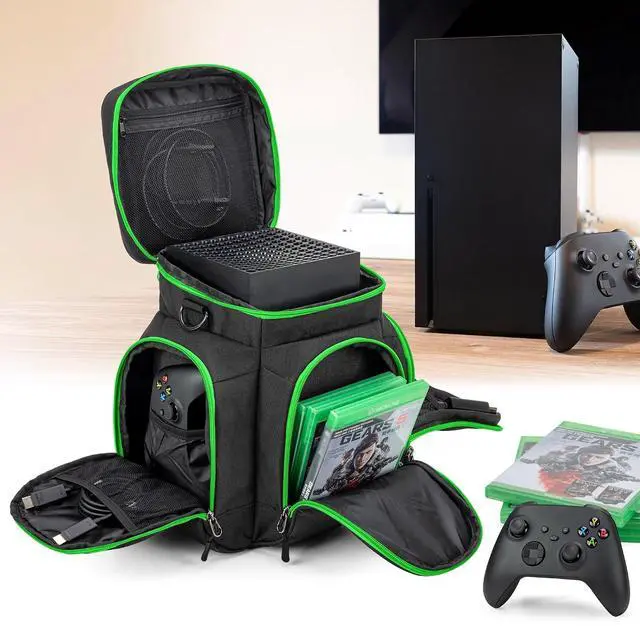 Alt view image 2 of 7 - Trunab Carrying Case Compatible with Xbox Series X, Travel Game Bag, Green | Multiple Pockets Fit Controllers, Games, Cables & Portable Hard Disk, Padded Protection for Travel (Patent Design)