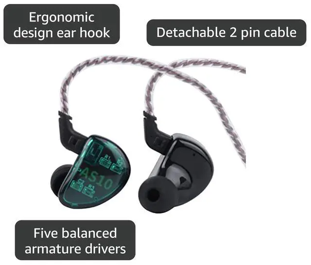 Alt view image 3 of 7 - Linsoul KZ AS10 5BA HiFi Stereo in-Ear Monitor HiFi Wired Earbuds Earphones | with 0.75mm 2 pin Cable, Five Balanced Armature Drivers, Noise Cancelling, w/ Mic, Cyan