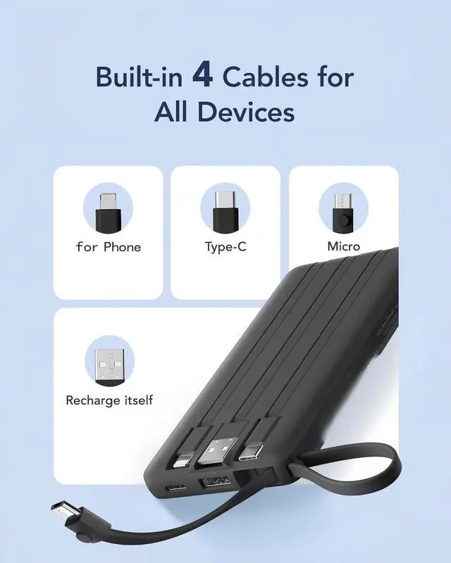Alt view image 4 of 7 - VRURC Portable Charger, Built-in 4 Cables Slim Power Bank 10000mAh, USB C Charging Bank with LED Display, Compact Travel Battery Pack with 5 Outputs for Multi Devices, Android-Black(1 Pack)