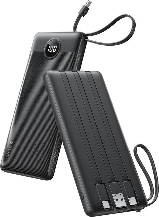 Main image of VRURC Portable Charger, Built-in 4 Cables Slim Power Bank 10000mAh, USB C Charging Bank with LED Display, Compact Travel Battery Pack with 5 Outputs for Multi Devices, Android-Black(1 Pack)