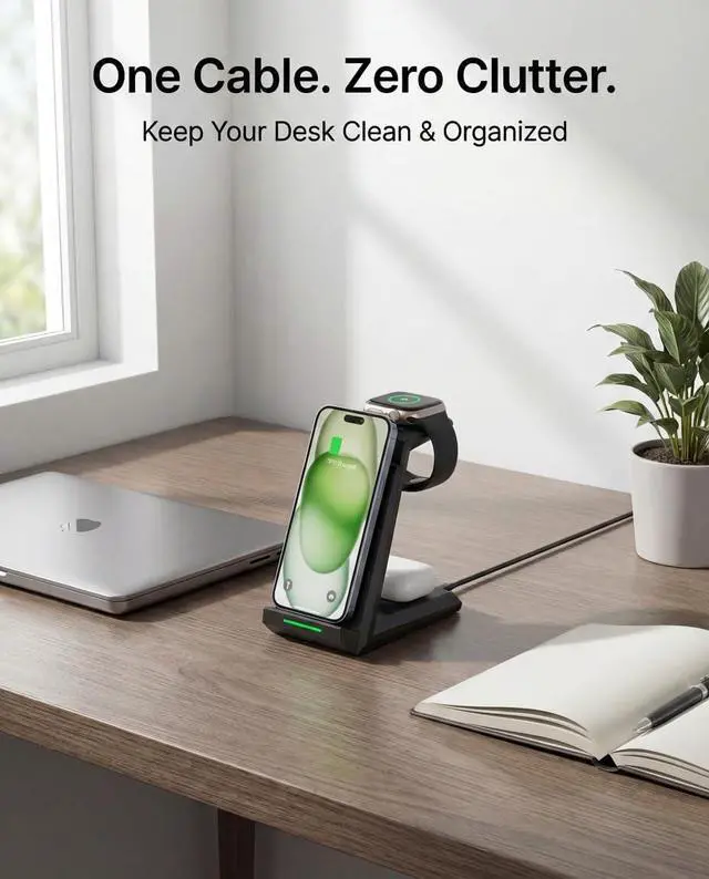Alt view image 2 of 7 - Wireless Charging Station for iPhone - ADADPU 3 in 1 Charger Stand for iPhone 17 16 15 14 13 12 11 Pro Max XR 8 Plus, for Apple Watch 8/7/SE/6/5/4/3/2, AirPods Pro/3/2(with 5ft Cable and 20W Adapter)