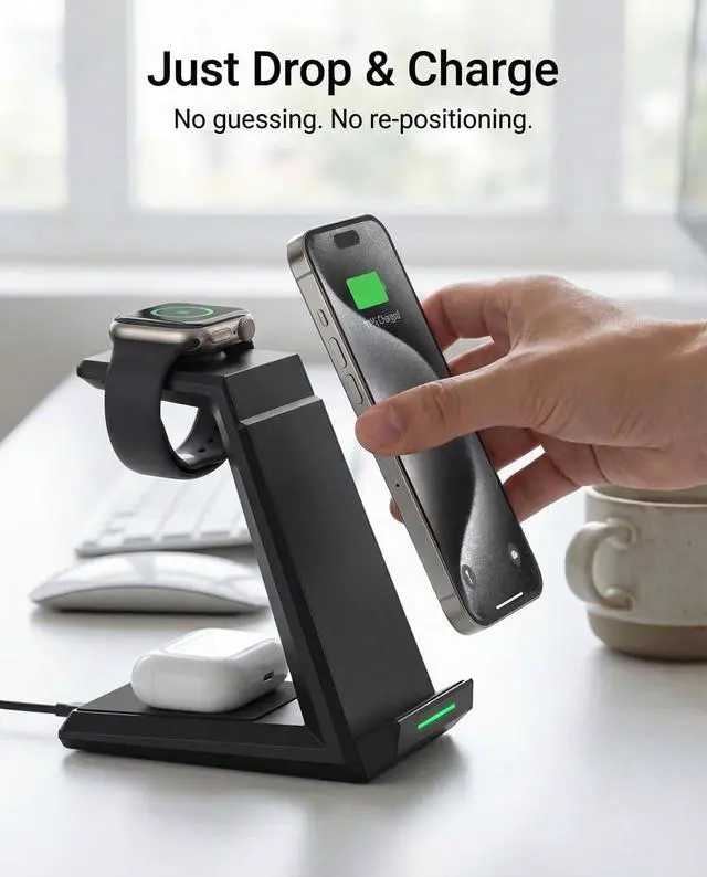 Alt view image 3 of 7 - Wireless Charging Station for iPhone - ADADPU 3 in 1 Charger Stand for iPhone 17 16 15 14 13 12 11 Pro Max XR 8 Plus, for Apple Watch 8/7/SE/6/5/4/3/2, AirPods Pro/3/2(with 5ft Cable and 20W Adapter)