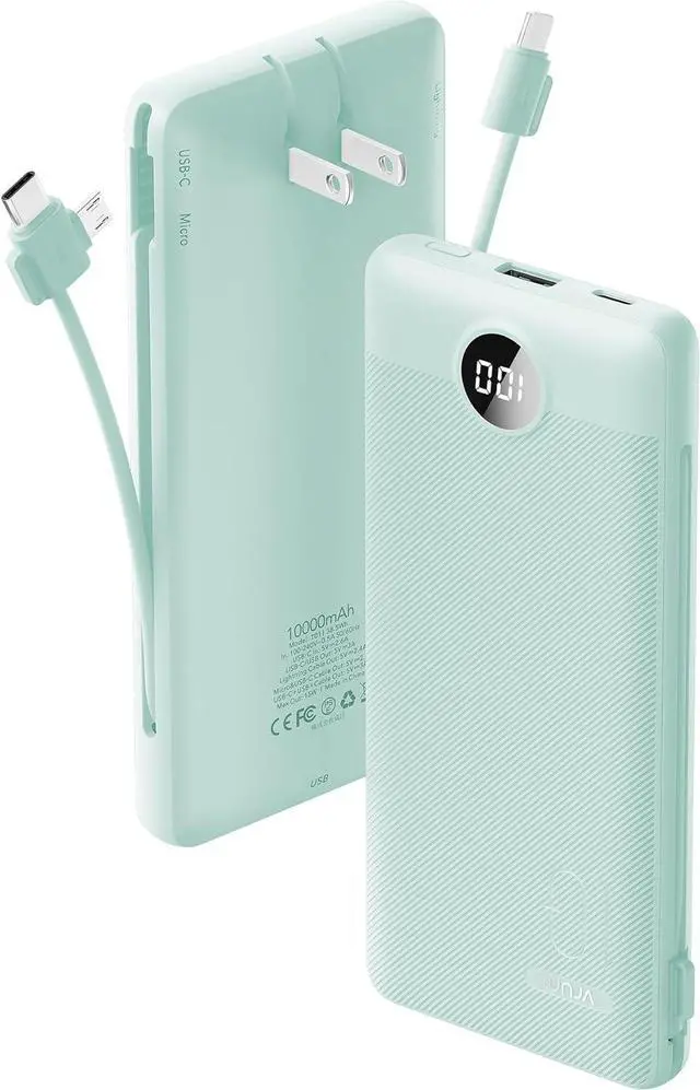 Main image of VRURC Portable Charger Built-in Cables and AC Wall Plug, USB C Power Bank 10000mAh, Travel Battery Portable Phone Charger Compact Lightweight External Battery Pack for Smart Phones, Tablets etc-Green