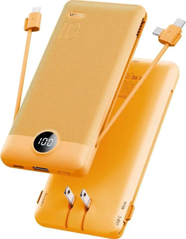 Main image of VRURC Portable Charger, Power Bank Built-in Cables and AC Wall Plug | USB C Power Bank 10000mAh Travel Essentials Phone Charger Compact External Battery Pack For Smart Phones, Tablets etc-Orange