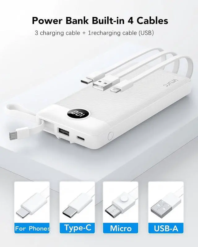 Alt view image 2 of 7 - VRURC Portable Charger Built in 4 Cables, Slim Power Bank 10000mAh | Multi Devices Charging Bank with Lanyard, USB C Battery Pack for All Cell Phones, Samsung,Android-White(1 Pack)