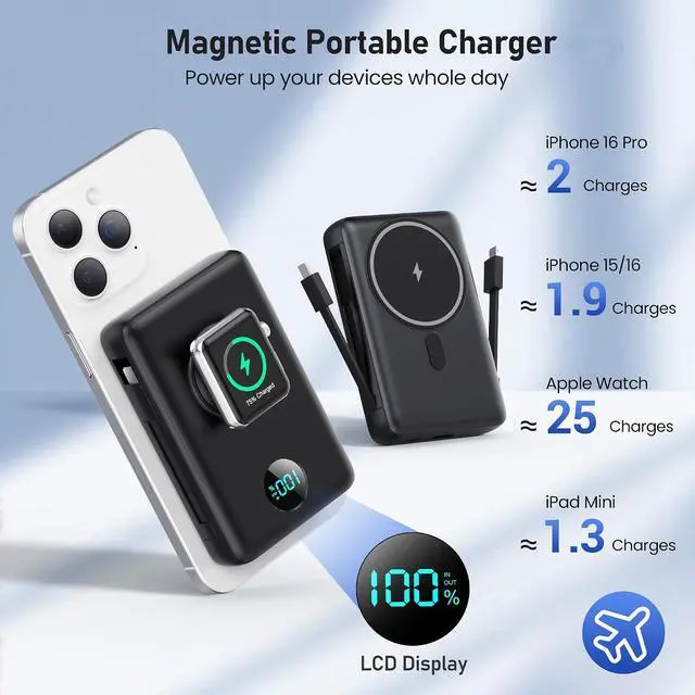 Alt view image 2 of 7 - Ekrist Magnetic Portable Charger for MagSafe with Built-in Cable,iWatch Charger,Wireless Power Bank Travel Essentials,25W Fast Charging Battery Pack for iPhone 17/16/15,Apple Watch(Black,10800mAh)