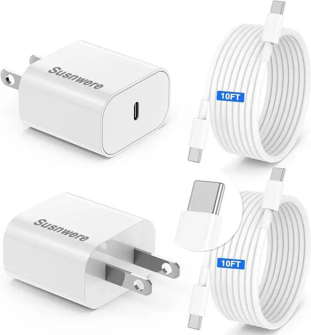 Main image of 2-Pack 20w USB C Charger for iPhone 17 Air/16/15/Pro Max with Long 10ft USB C to C Cable,iPhone Charger Fast Wall Charger Block Compatible with iPad Pro AirPods and More