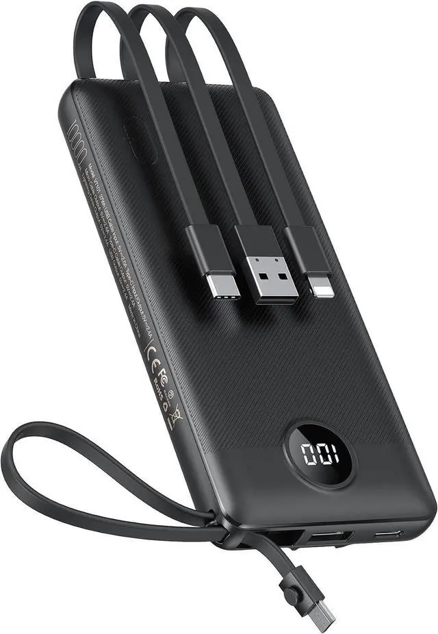 Main image of 10000mAh Portable Charger with 4 Built-in Cables | Slim Power Bank USB-C Battery Pack with iPhone & Micro USB TSA Approved Travel Charger for iPhone Android Black