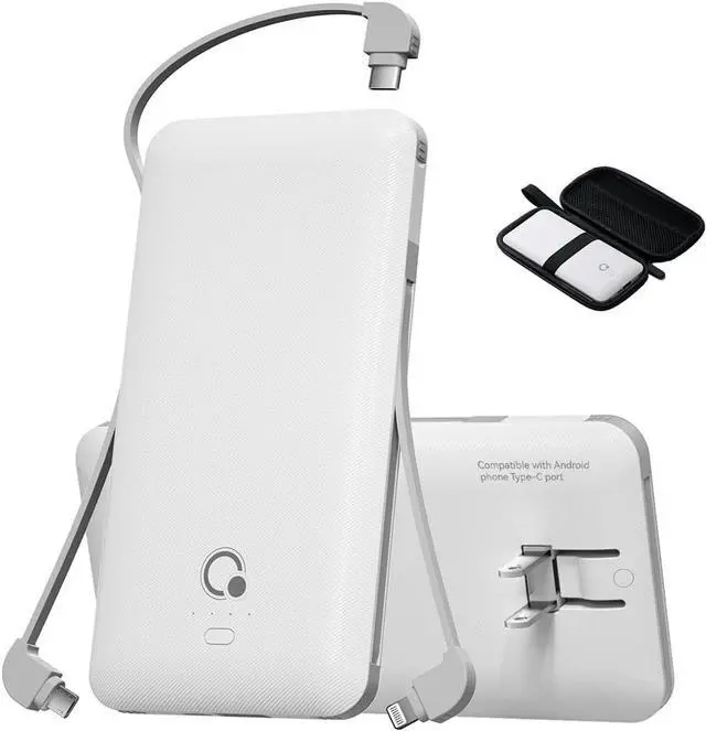 Main image of Brand Q Portable Charger with Built-in Cables and AC Wall Plug,Slim USB C Travel Essential Power Bank 10000mAh,External Battery Pack Compatible with iPhone,Samsung,Tablet and All Smart Phones