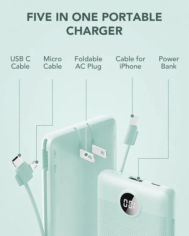 Alt view image 3 of 7 - VRURC Portable Charger Built-in Cables and AC Wall Plug, USB C Power Bank 10000mAh, Travel Battery Portable Phone Charger Compact Lightweight External Battery Pack for Smart Phones, Tablets etc-Green