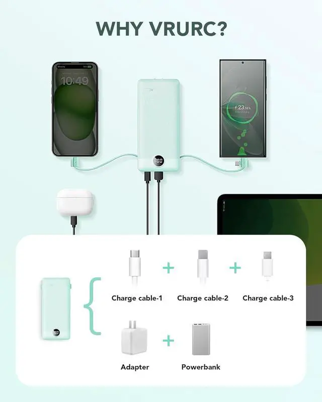 Alt view image 4 of 7 - VRURC Portable Charger Built-in Cables and AC Wall Plug, USB C Power Bank 10000mAh, Travel Battery Portable Phone Charger Compact Lightweight External Battery Pack for Smart Phones, Tablets etc-Green