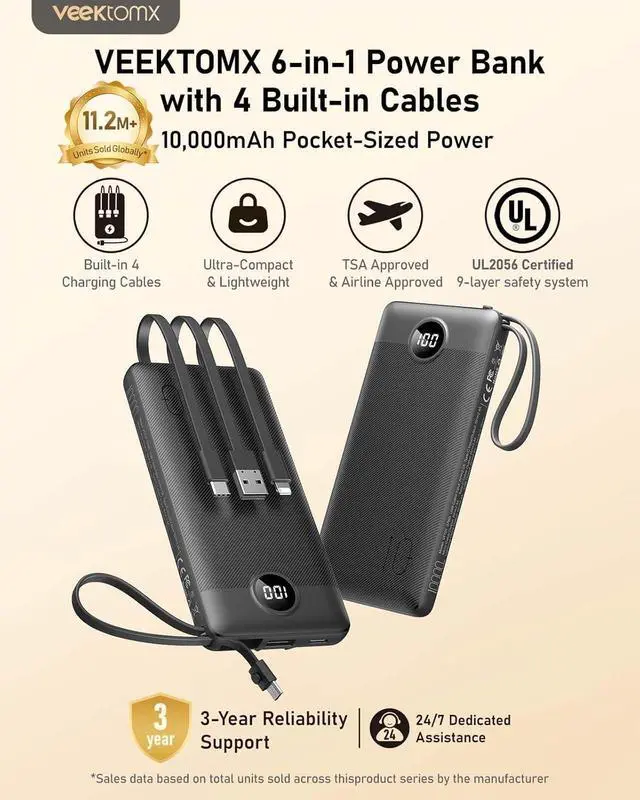 Alt view image 2 of 7 - 10000mAh Portable Charger with 4 Built-in Cables | Slim Power Bank USB-C Battery Pack with iPhone & Micro USB TSA Approved Travel Charger for iPhone Android Black
