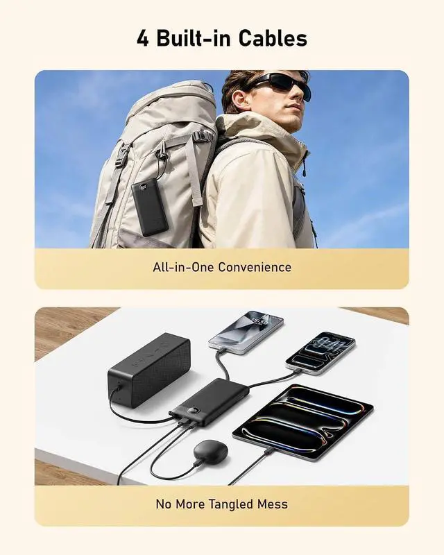 Alt view image 4 of 7 - 10000mAh Portable Charger with 4 Built-in Cables | Slim Power Bank USB-C Battery Pack with iPhone & Micro USB TSA Approved Travel Charger for iPhone Android Black