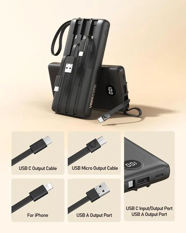 Alt view image 6 of 7 - 10000mAh Portable Charger with 4 Built-in Cables | Slim Power Bank USB-C Battery Pack with iPhone & Micro USB TSA Approved Travel Charger for iPhone Android Black