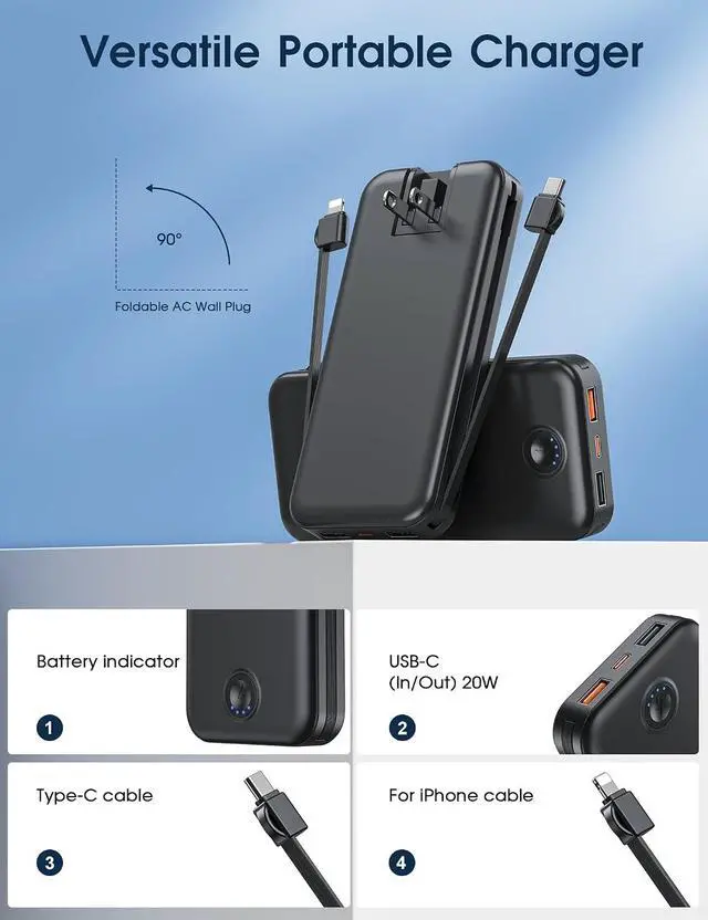 Alt view image 3 of 7 - Nusyddy Portable Charger 10000mAh Fast Charging w/Built-in Wall Plug Black | PD20W Fast Charging, LED Indicator, Pass Through Charging, TSA Approved, Compact/Slim, Power Bank for iPhone/iPad/Samsung