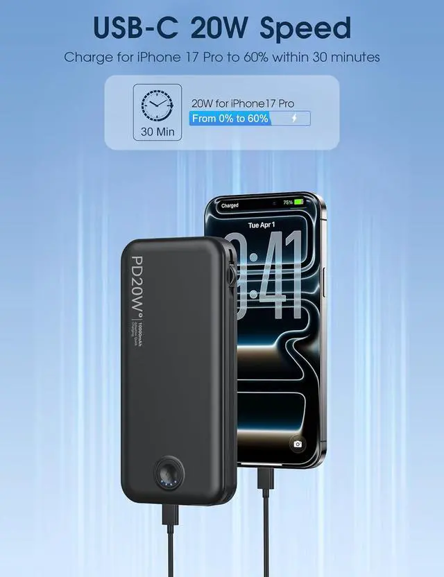 Alt view image 4 of 7 - Nusyddy Portable Charger 10000mAh Fast Charging w/Built-in Wall Plug Black | PD20W Fast Charging, LED Indicator, Pass Through Charging, TSA Approved, Compact/Slim, Power Bank for iPhone/iPad/Samsung