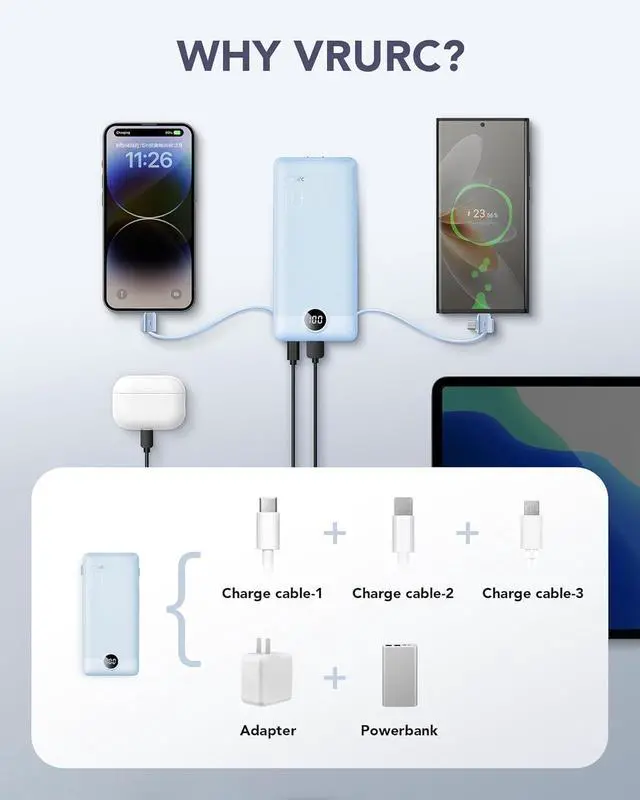 Alt view image 4 of 7 - VRURC Portable Charger, Power Bank Built-in Cables and AC Wall Plug | USB C Power Bank 10000mAh, Travel Essentials Phone Charger Compact External Battery Pack For Smart Phones, Tablets etc-Blue