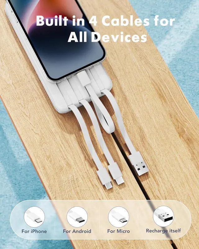 Alt view image 2 of 7 - charmast Portable Charger with Reinforced Built-in 4 Cables,10000mAh Power Bank Travel Essentials 6 Outputs 3 Inputs 3A Fast Charging Compatible with iPhone iPad Samsung Google Pixel LG Moto etc.