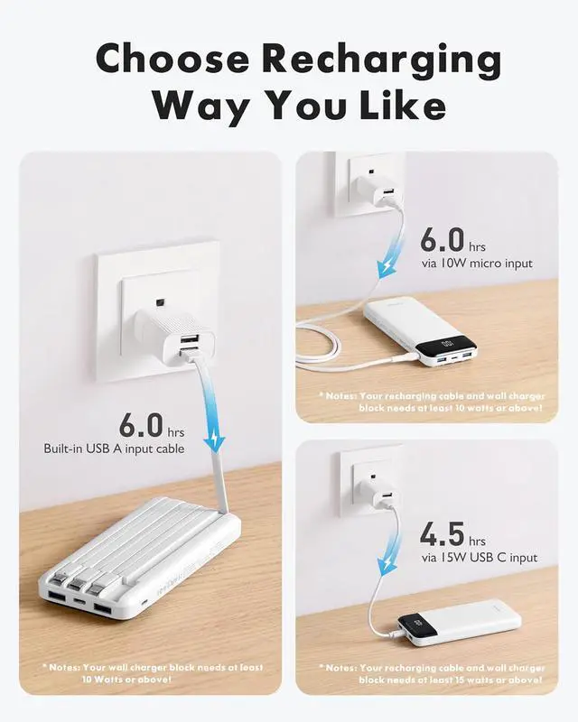 Alt view image 4 of 7 - charmast Portable Charger with Reinforced Built-in 4 Cables,10000mAh Power Bank Travel Essentials 6 Outputs 3 Inputs 3A Fast Charging Compatible with iPhone iPad Samsung Google Pixel LG Moto etc.