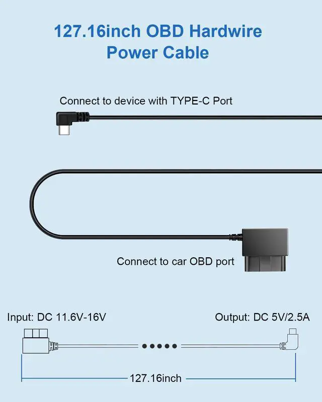 Alt view image 7 of 7 - YKT Dash Cam OBD Hardwire Kit, Dash Camera Power Cable Type C Port 11.6-16V to 5V/2.5A with Low Voltage Protection 24h Parking Monitor for Dashcam, GPS (Type-C) (Fit for All Dash Cam)